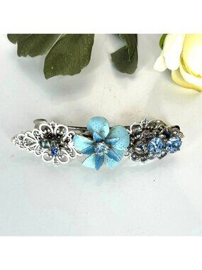 Blue Flower Barrette | Handmade Vintage Jewelry Hair Clip | One of a Kind Floral